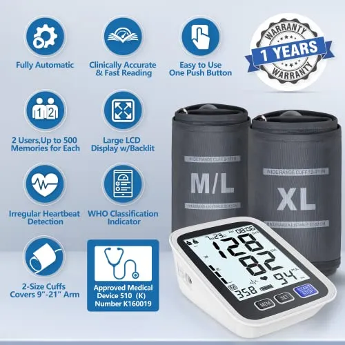 Digital Blood Pressure Monitor w/ 4" Large Backlit LCD and Two Arm Cuff Sizes