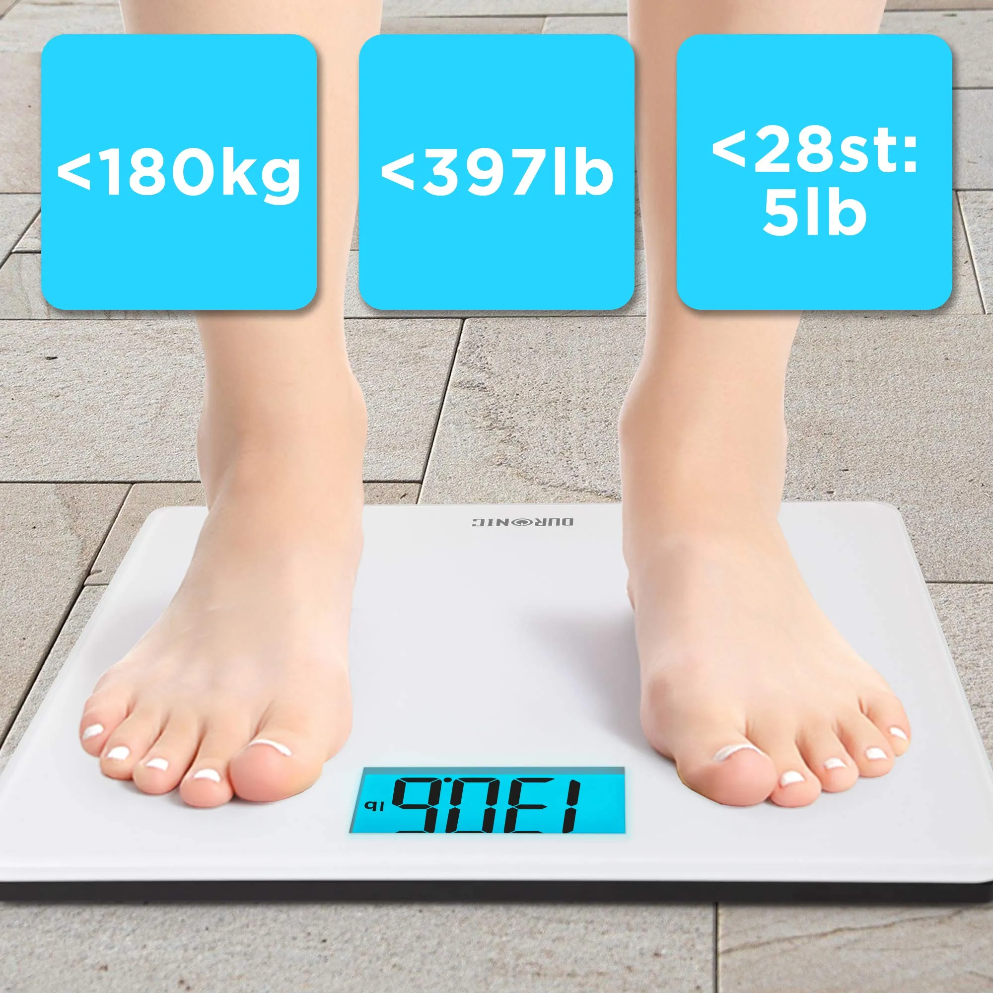 Duronic Digital Bathroom Body Scales BS403 | Measures Body Weight in Kilograms, Pounds and Stones | White Glass Design | Step-On Activation | Precision Sensors | XL Digital Display | 180kg Capacity