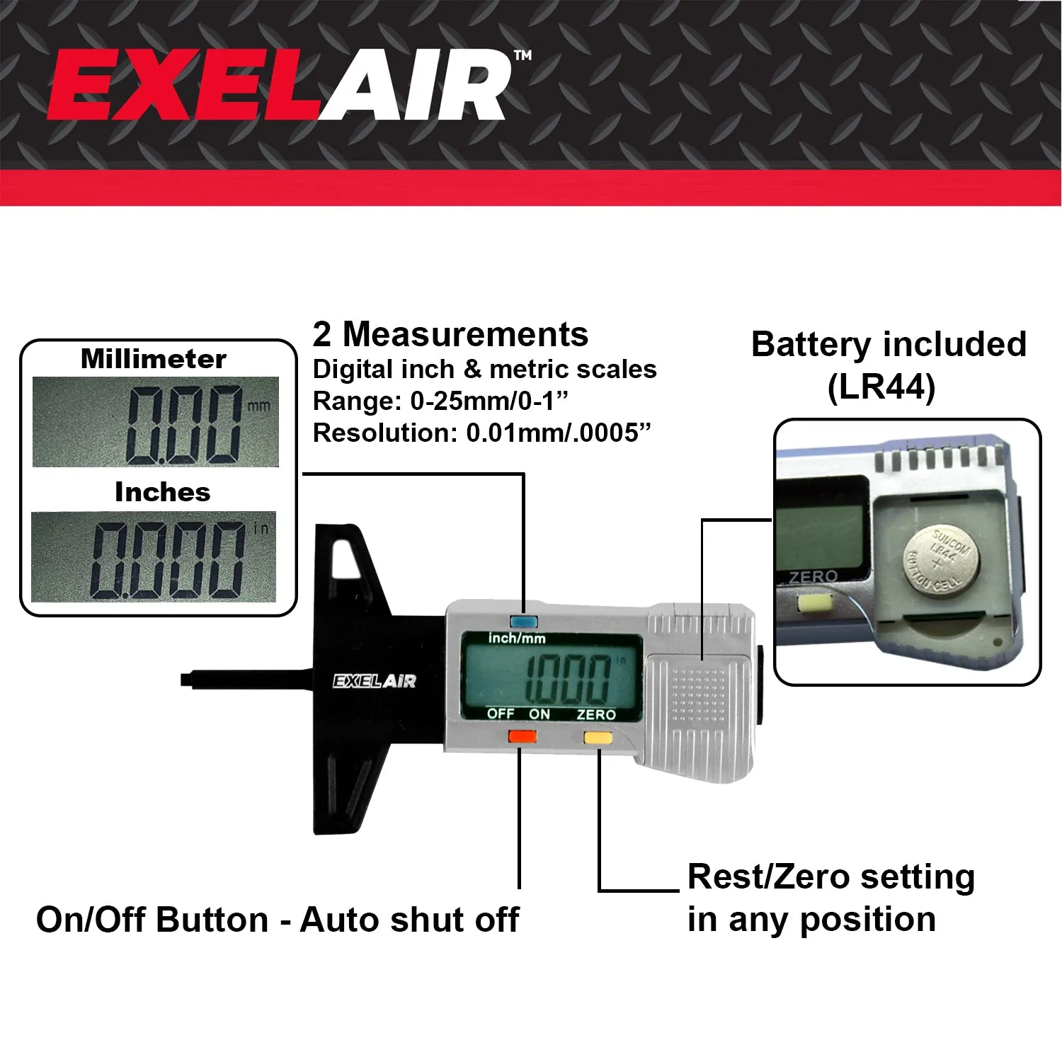 EXELAIR® Digital Tire Tread Depth Gauge (0 to 1" Range)
