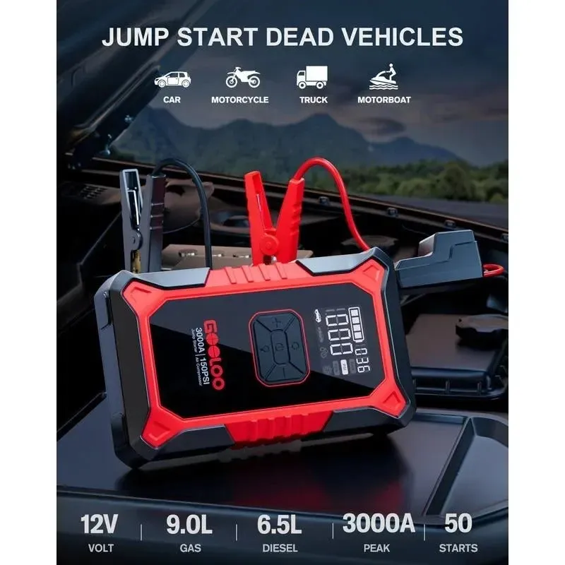 GOOLOO A3 3000A Portable Car Jump Starter & Air Compressor with 5-in-1 Functionality
