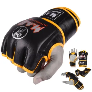 MAR-239 | Black Yellow Genuine Leather MMA Grappling Gloves