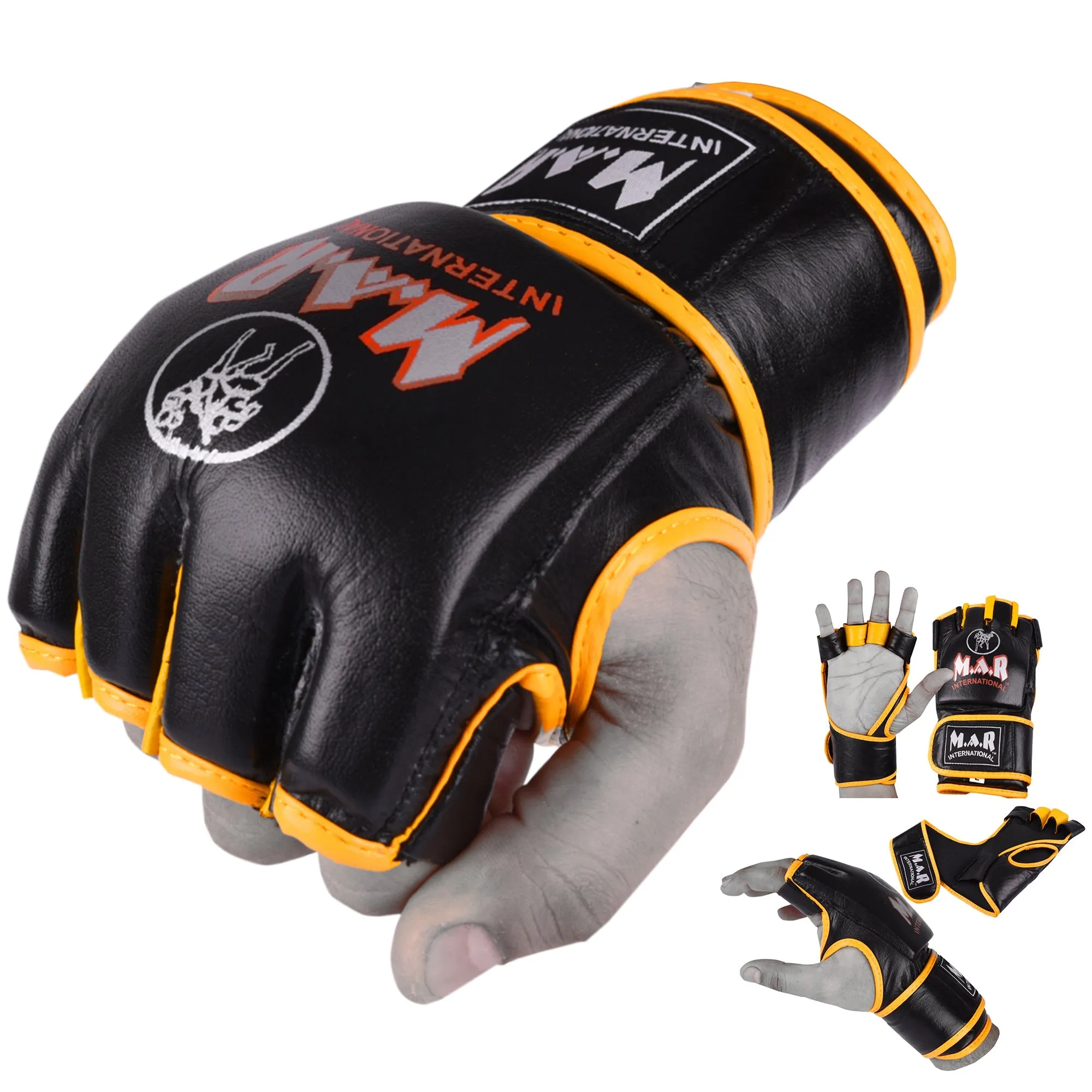 MAR-239 | Black Yellow Genuine Leather MMA Grappling Gloves