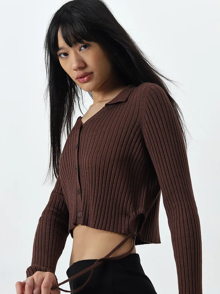 Nuon Dark Brown Ribbed Textured Cotton-Blend Top