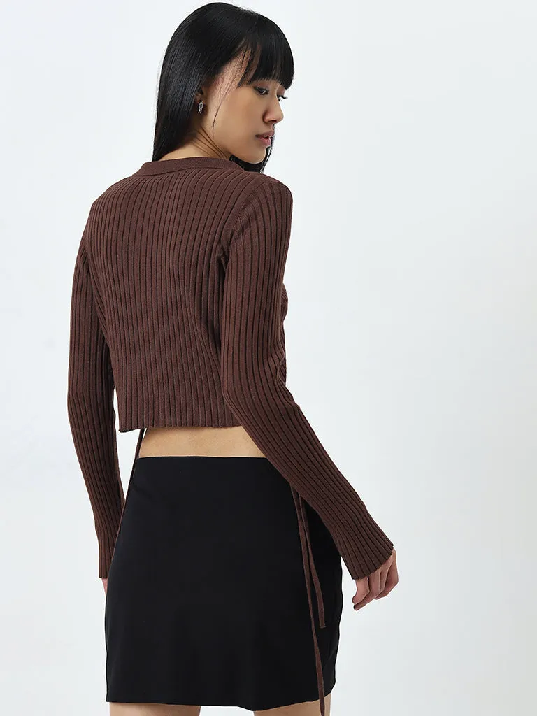 Nuon Dark Brown Ribbed Textured Cotton-Blend Top