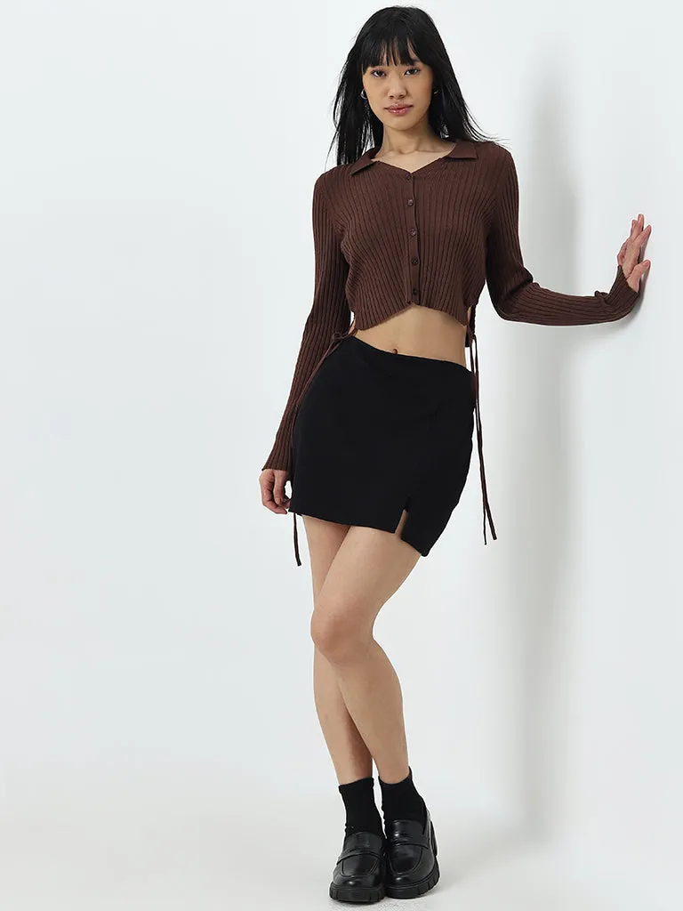 Nuon Dark Brown Ribbed Textured Cotton-Blend Top