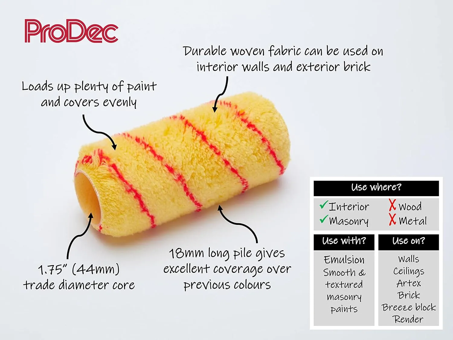 ProDec PRRE034 7 inch x 1.75" Long Pile Woven Trade Professional Paint Roller