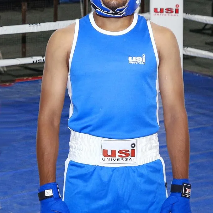USI Mens Boxing Uniform Short & Vest Set Light Weight Sports Dress for Boxing (BLUE)