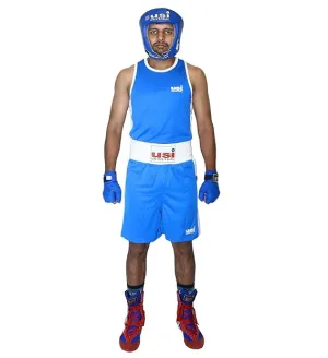 USI Mens Boxing Uniform Short & Vest Set Light Weight Sports Dress for Boxing (BLUE)