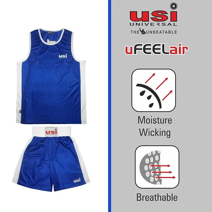 USI Mens Boxing Uniform Short & Vest Set Light Weight Sports Dress for Boxing (BLUE)